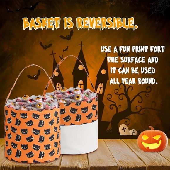 Halloween Trick or Treat Bag, Reversible Canvas Bucket Tote Bag, Multipurpose - Picture 2 of 10